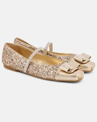 Ferragamo Ballerinas Zina mit Leder und Glitter Gold