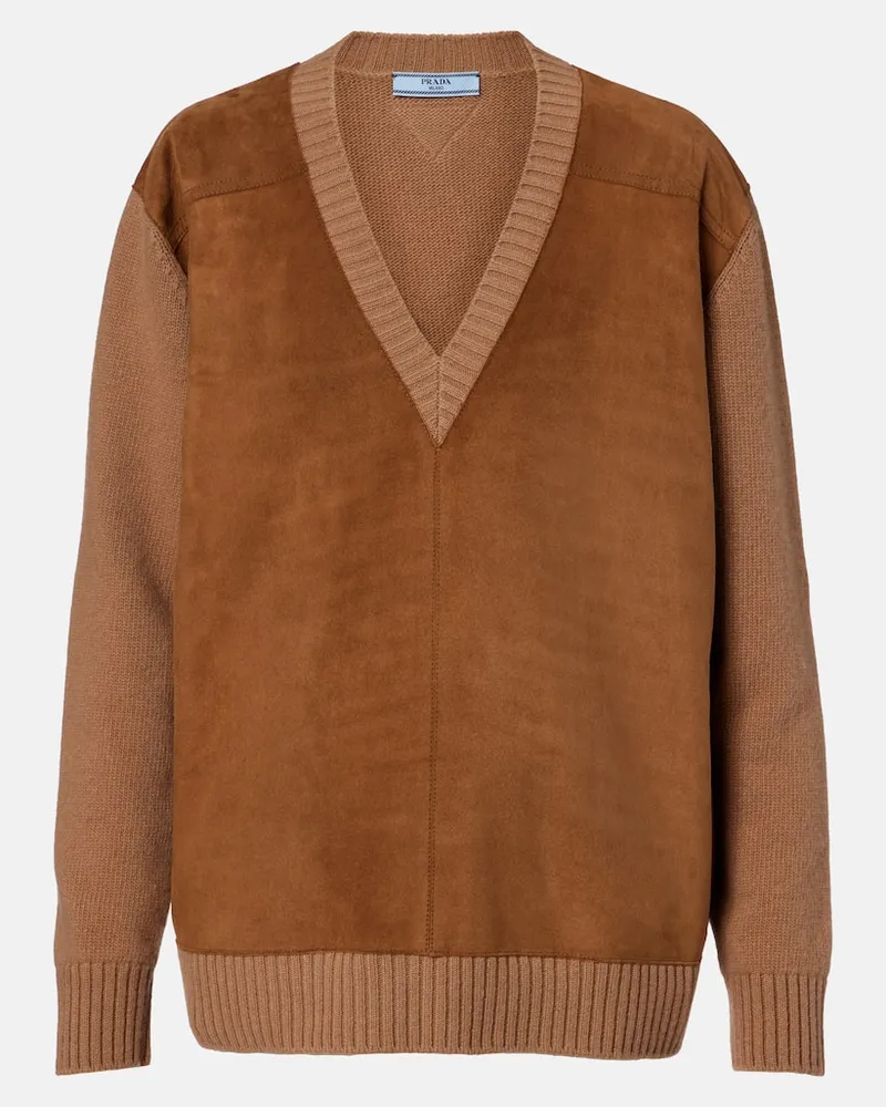 Prada Pullover aus Veloursleder, Wolle und Kaschmir Braun