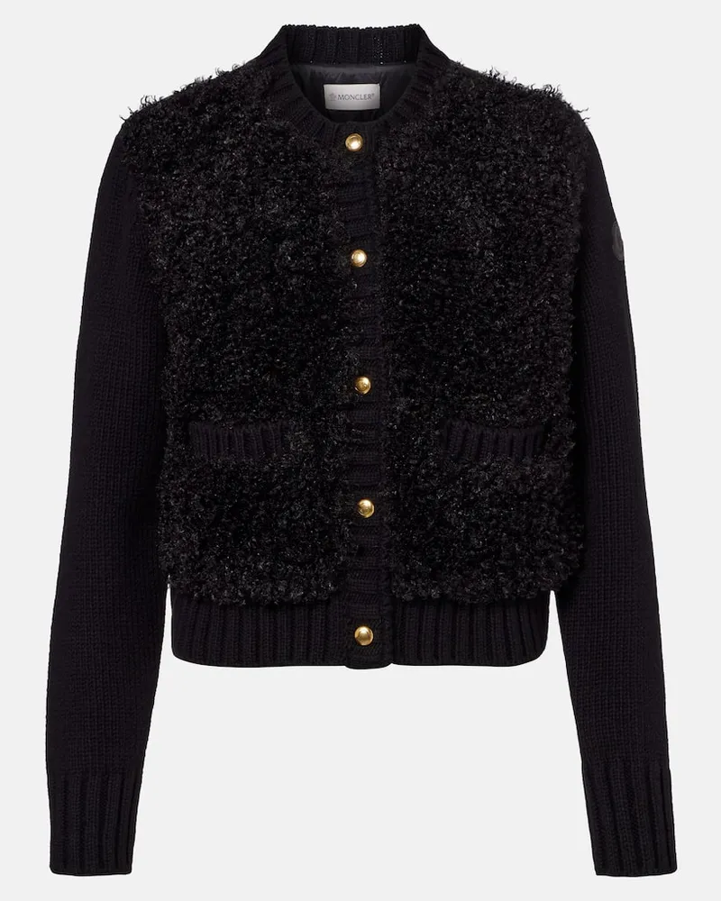 Moncler Cardigan aus Wolle und Teddyfleece Schwarz