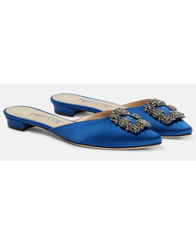 Manolo Blahnik Slippers Hangisimuflat aus Satin mit Kristallen Blau