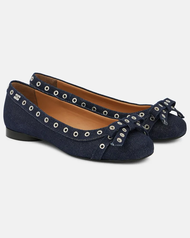 Ganni Verzierte Ballerinas aus Denim Blau