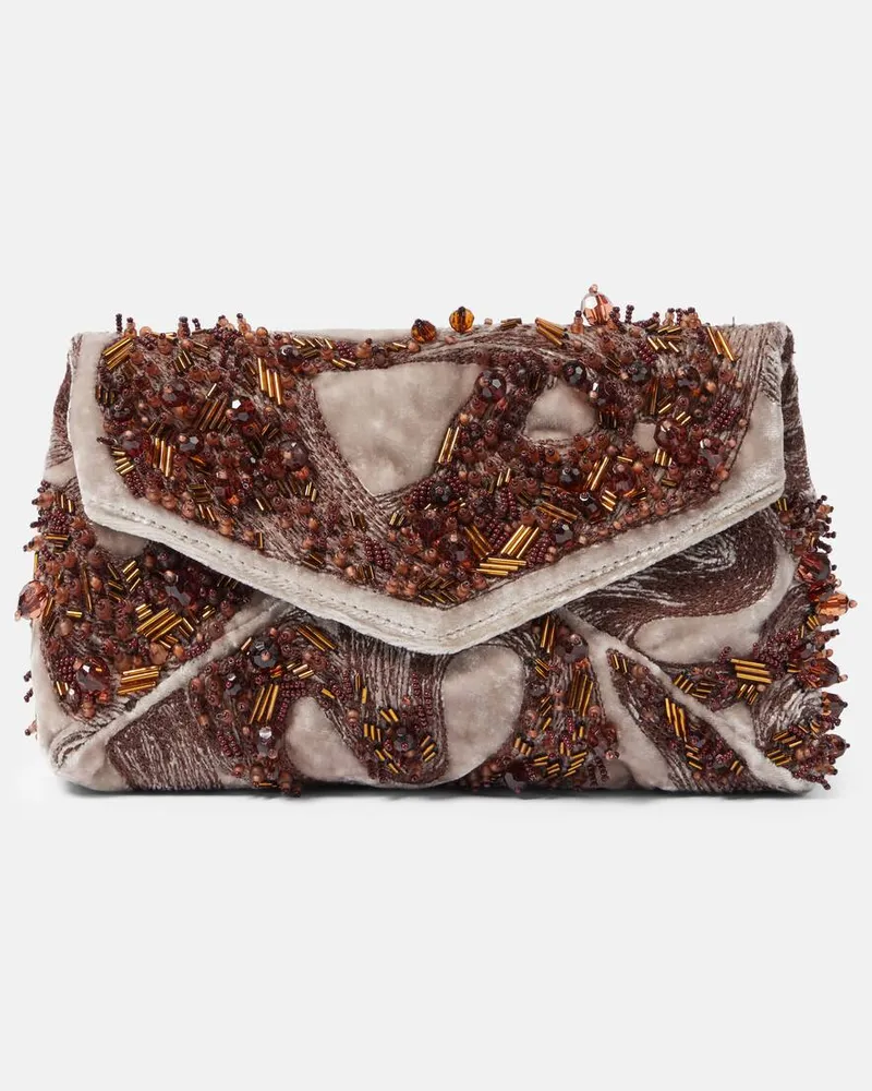 Dries van Noten Verzierte Clutch Envelope aus Samt Beige