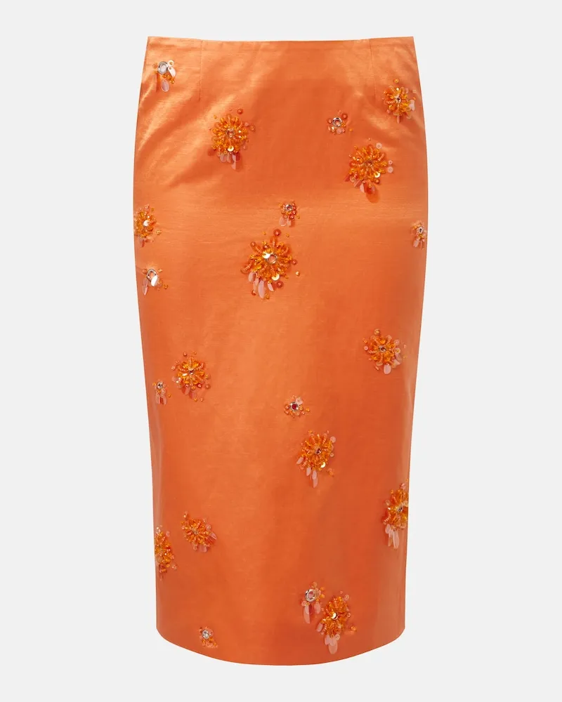 SHUSHU/TONG Verzierter Midirock aus Leinen und Seide Orange