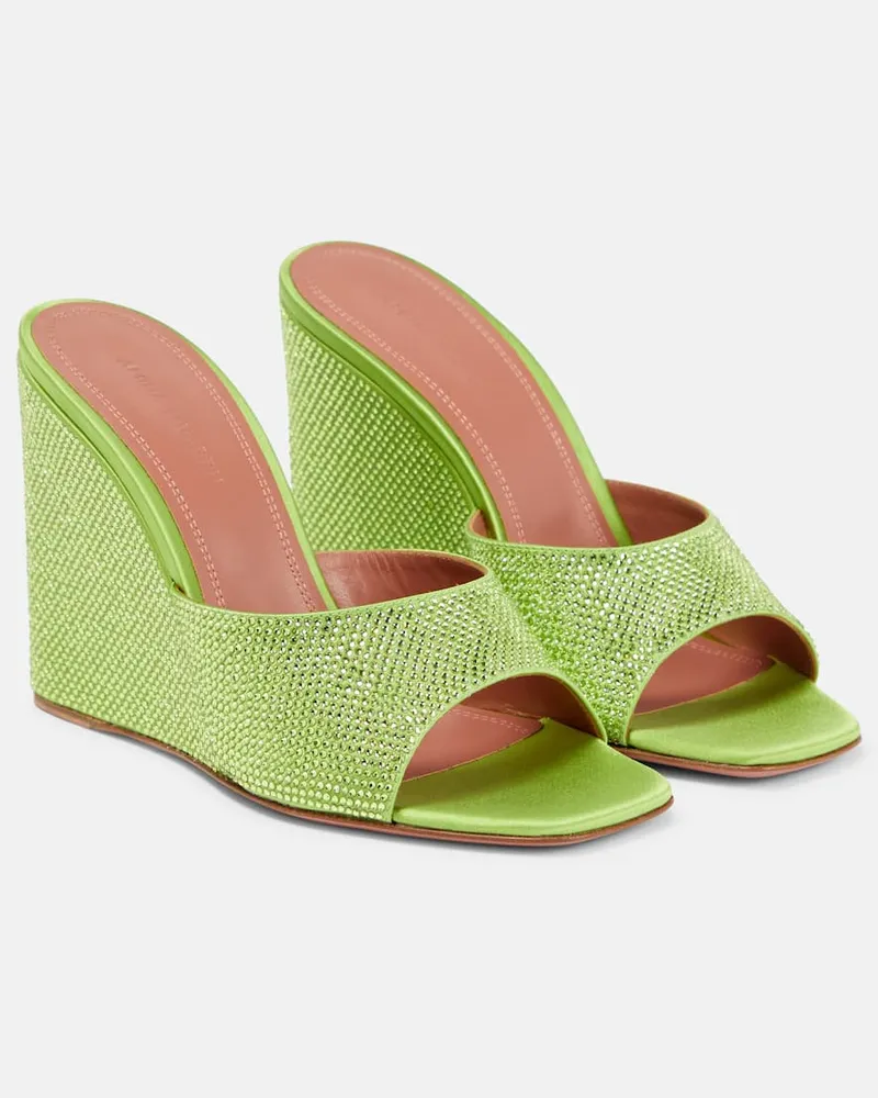 Amina Muaddi Wedge-Pantoletten Lupita aus Satin mit Kristallen Grün