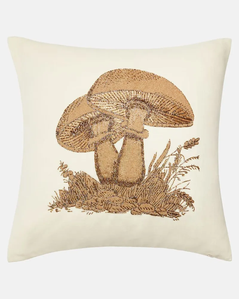 Jonathan Adler Verziertes Kissen Large Mushrooms aus Leinen Weiß