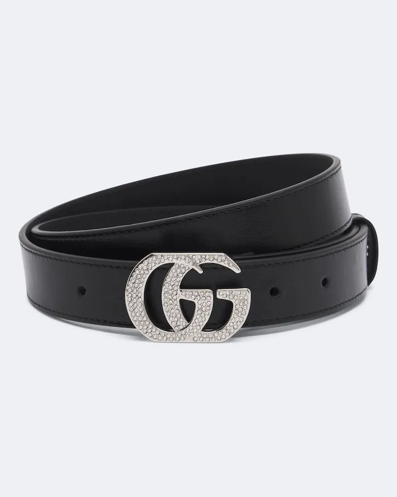 Gucci Gürtel Double G aus Leder mit Kristallen Schwarz