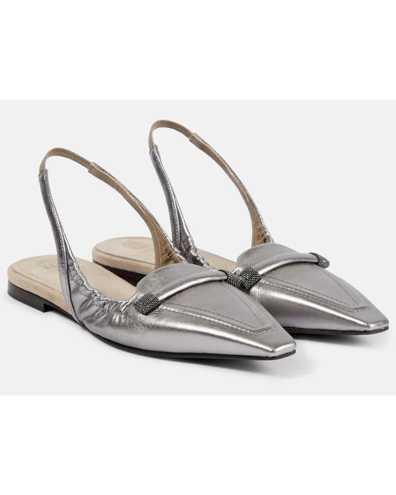 Brunello Cucinelli Slingback-Ballerinas aus Metallic-Leder Silber