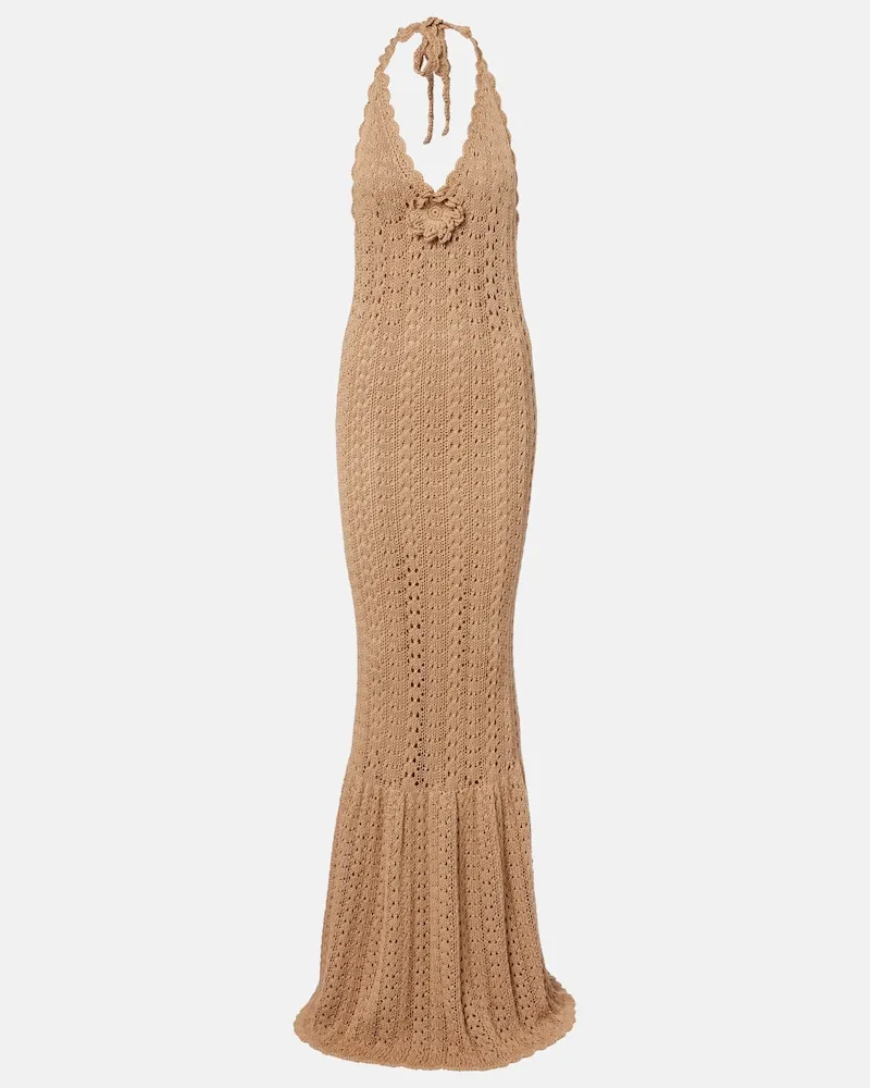 Elie Saab Maxikleid aus Häkelstrick mit Blumenapplikationen Braun