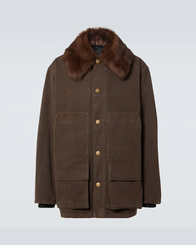 Prada Jacke aus Baumwoll-Canvas mit Shearling Braun