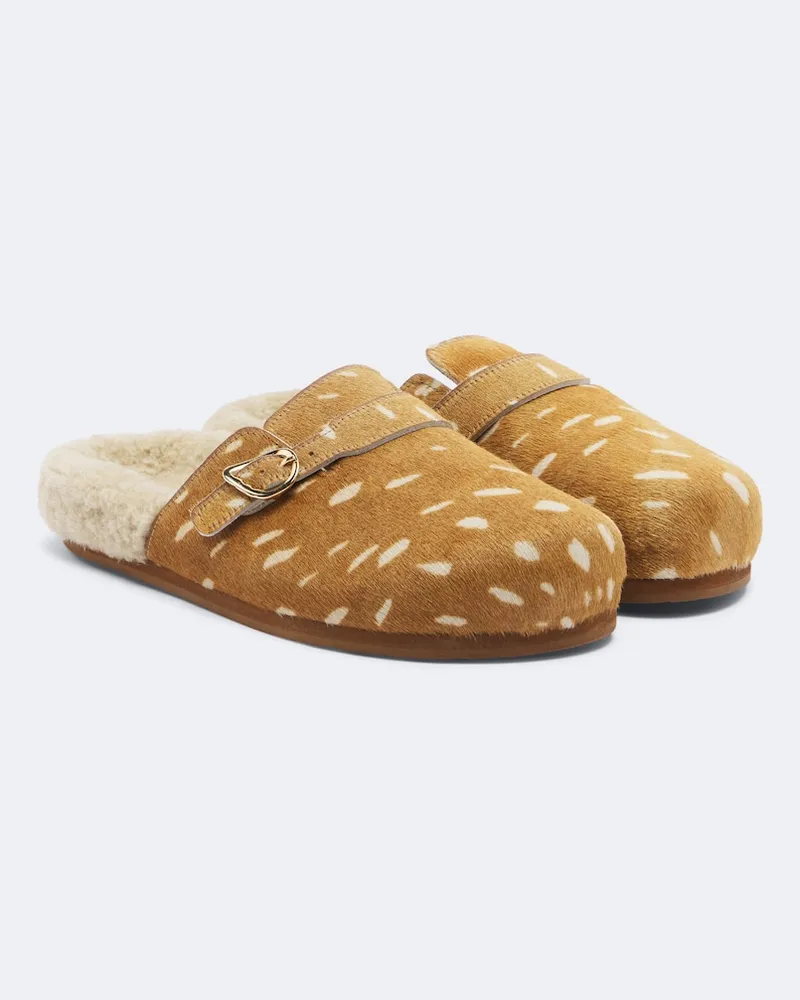 Ancient Greek Sandals Clogs Vasilitsa aus Leder mit Lammfell Braun