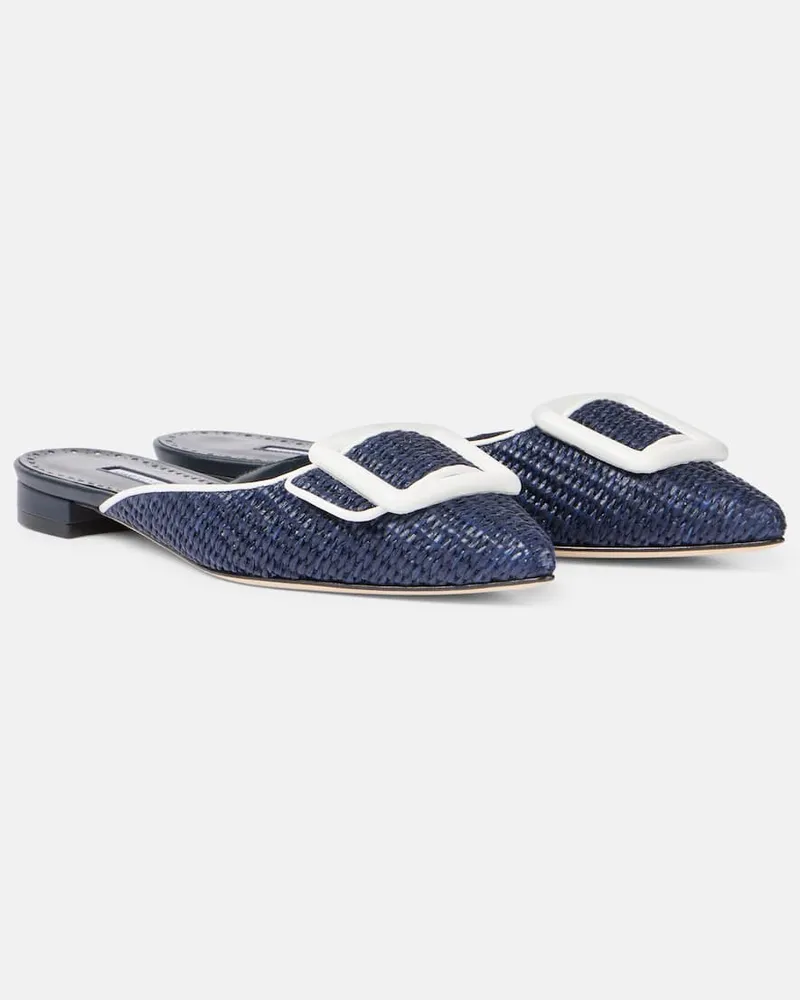 Manolo Blahnik Slippers Maysale 15 aus Raffiabast mit Leder Blau