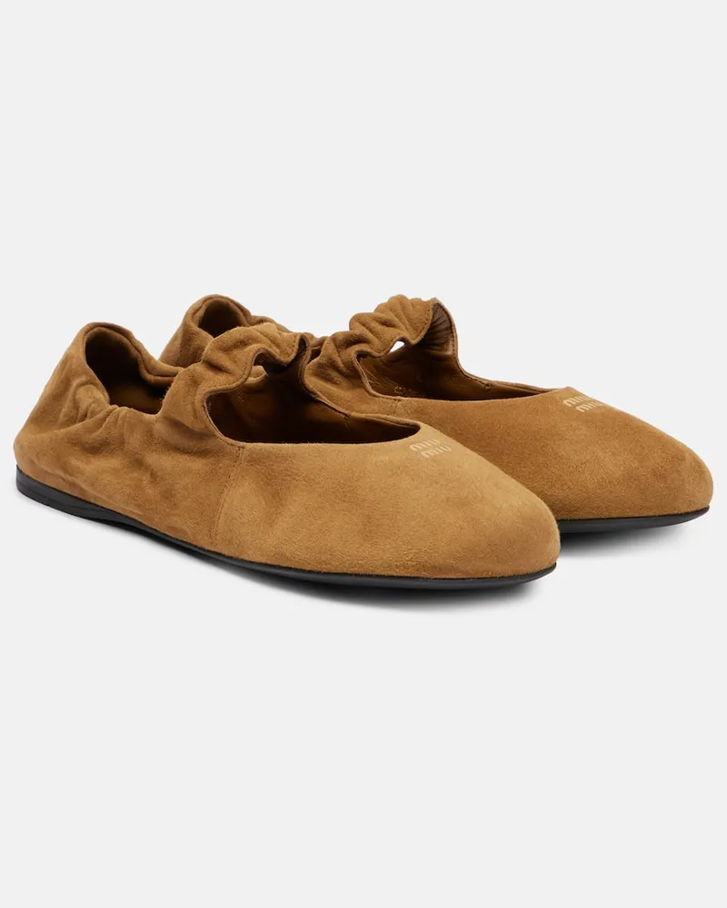 Miu Miu Mary-Jane-Ballerinas Ruches aus Veloursleder Beige