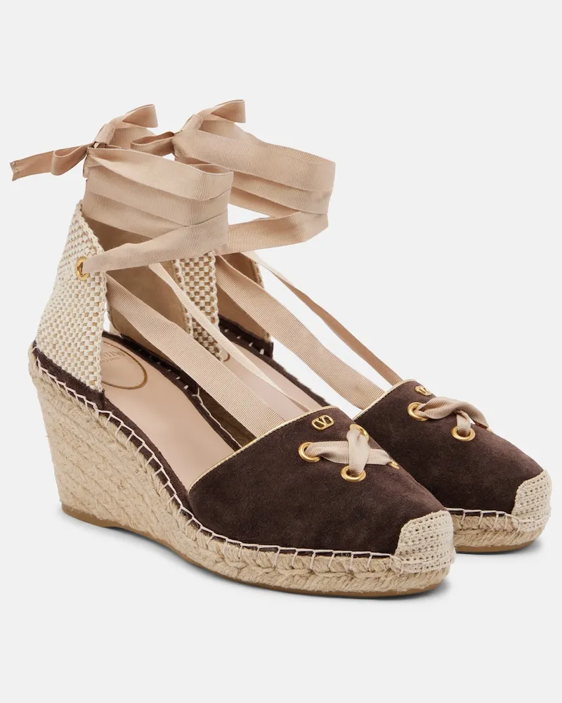 Valentino Garavani Espadrille-Wedges VLogo aus Veloursleder Braun