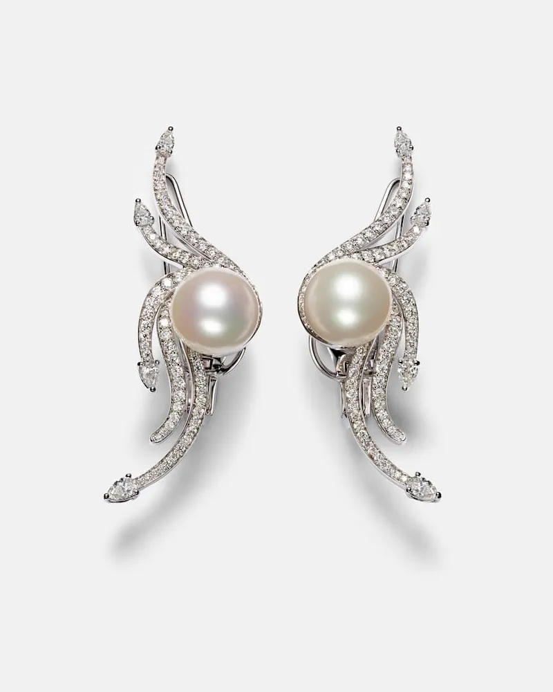 YEPREM Ohrringe Pearlescent aus 18kt Weißgold mit Diamanten und Süßwasserperlen Silber