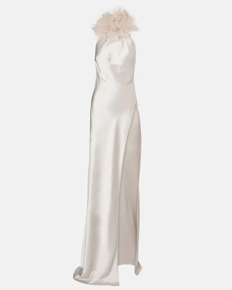 The New Arrivals Ilkyaz Ozel Robe Jazzy aus Satin mit Federn Weiß