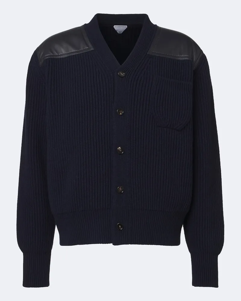 Bottega Veneta Cardigan aus Wolle und Kaschmir mit Leder Blau