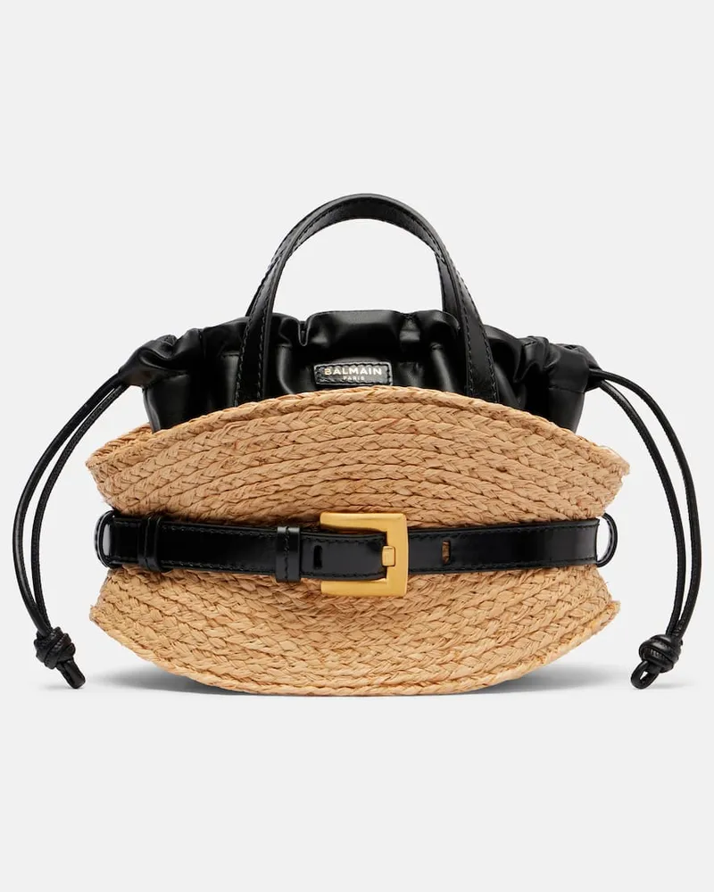 Balmain Tote Bag Shuffle Mini aus Raffiabast mit Leder Beige