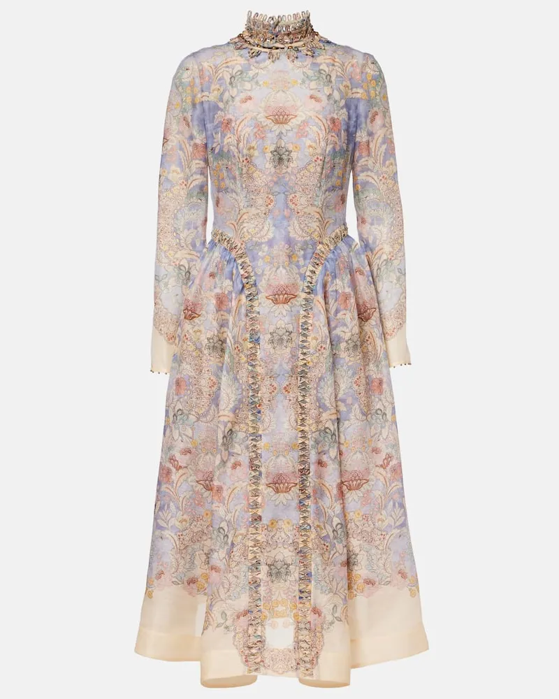 Zimmermann Midikleid Rebellion aus Leinen und Seide Multicolor
