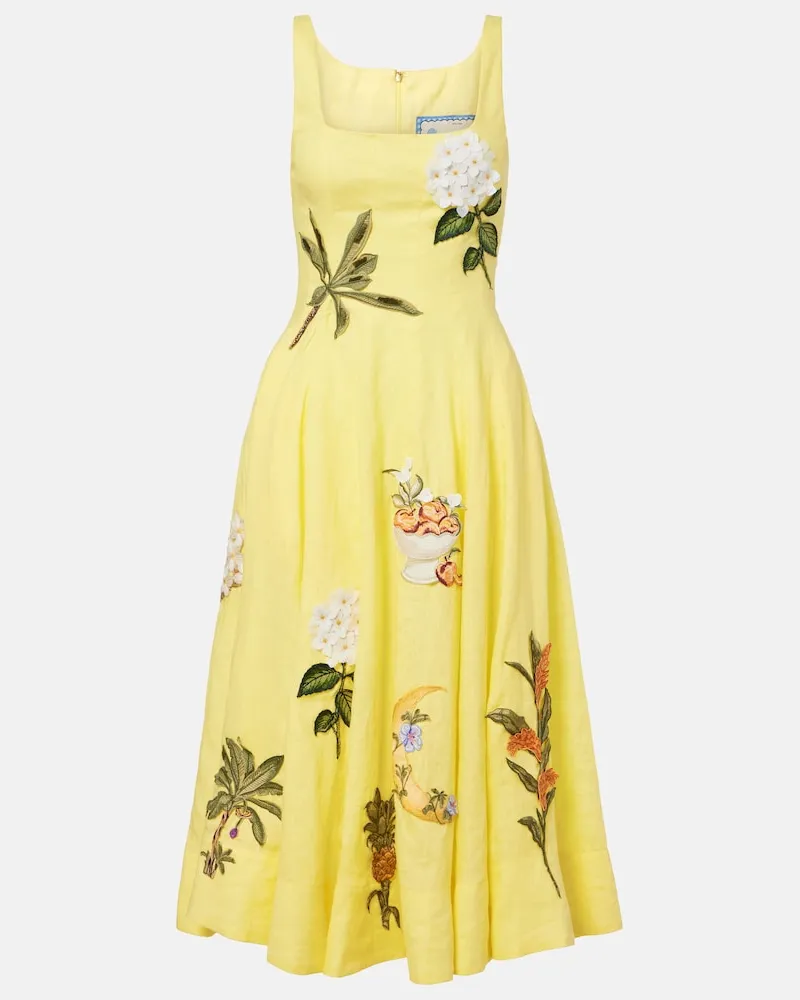 AGUA BENDITA Midikleid Frontera aus Leinen Gelb