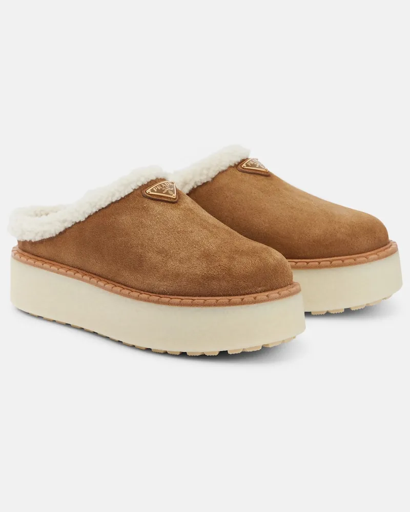 Prada Plateau-Slippers Evolve mit Shearling Braun