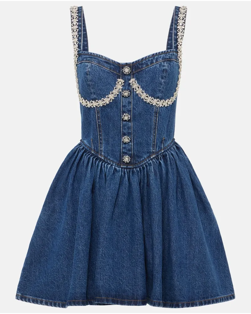 Self-Portrait Verziertes Minikleid aus Denim Blau