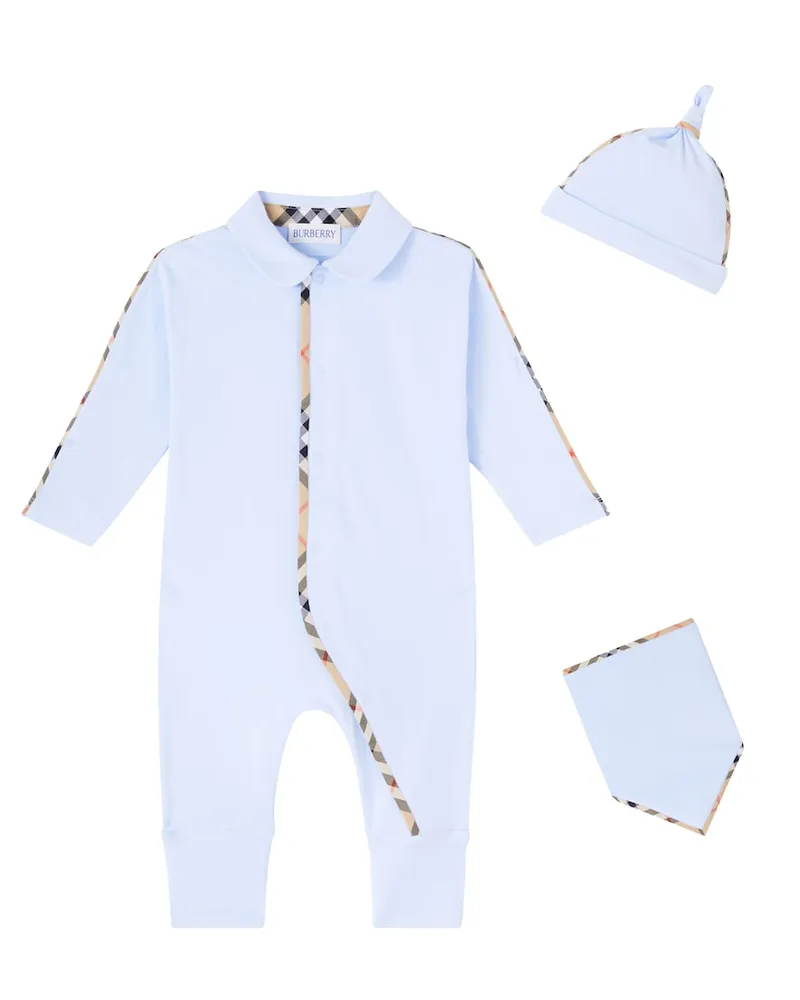 Burberry Baby Set aus Spieler, Mütze und Lätzchen Blau