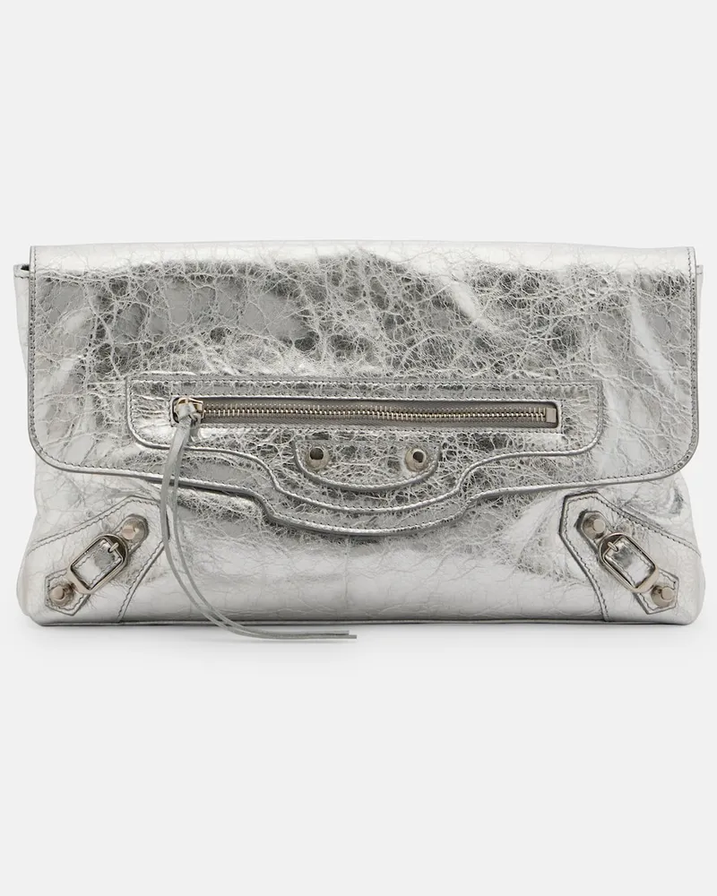 Balenciaga Clutch Le City aus Metallic-Leder Silber