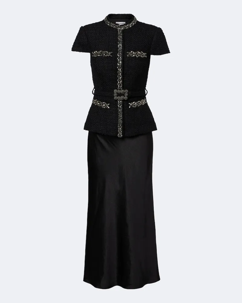 Self-Portrait Verziertes Midikleid aus Bouclé und Satin Schwarz