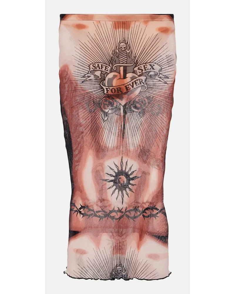 Jean Paul Gaultier Tattoo Collection Bedruckter Midirock aus Mesh Braun