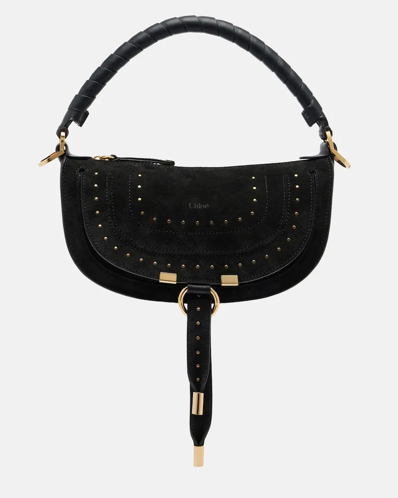 Chloé Chloé Verzierte Schultertasche Marcie Small aus Veloursleder Schwarz