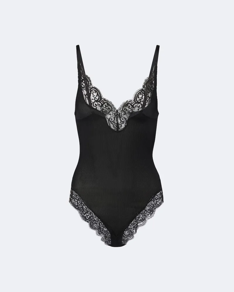 Saint Laurent Body aus Rippstrick mit Spitze Schwarz