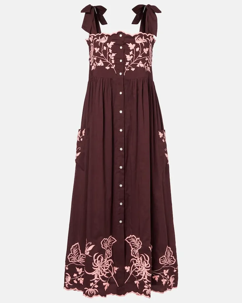 Juliet Dunn Besticktes Midikleid aus Baumwolle Burgunderrot
