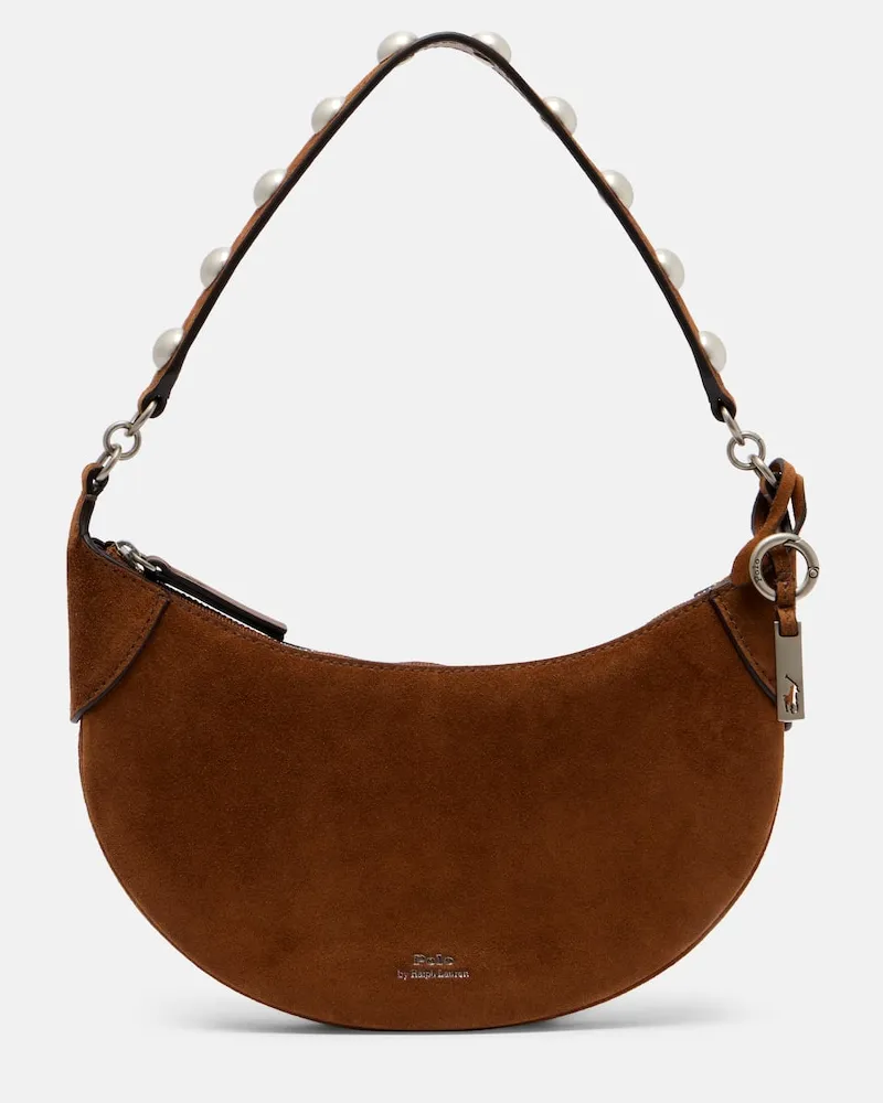 Ralph Lauren Verzierte Schultertasche Polo ID Mini aus Veloursleder Braun