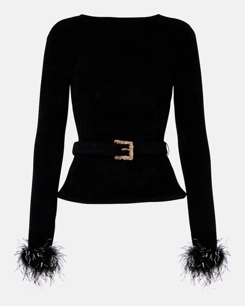 Self-Portrait Pullover aus Strick mit Federn und Gürtel Schwarz