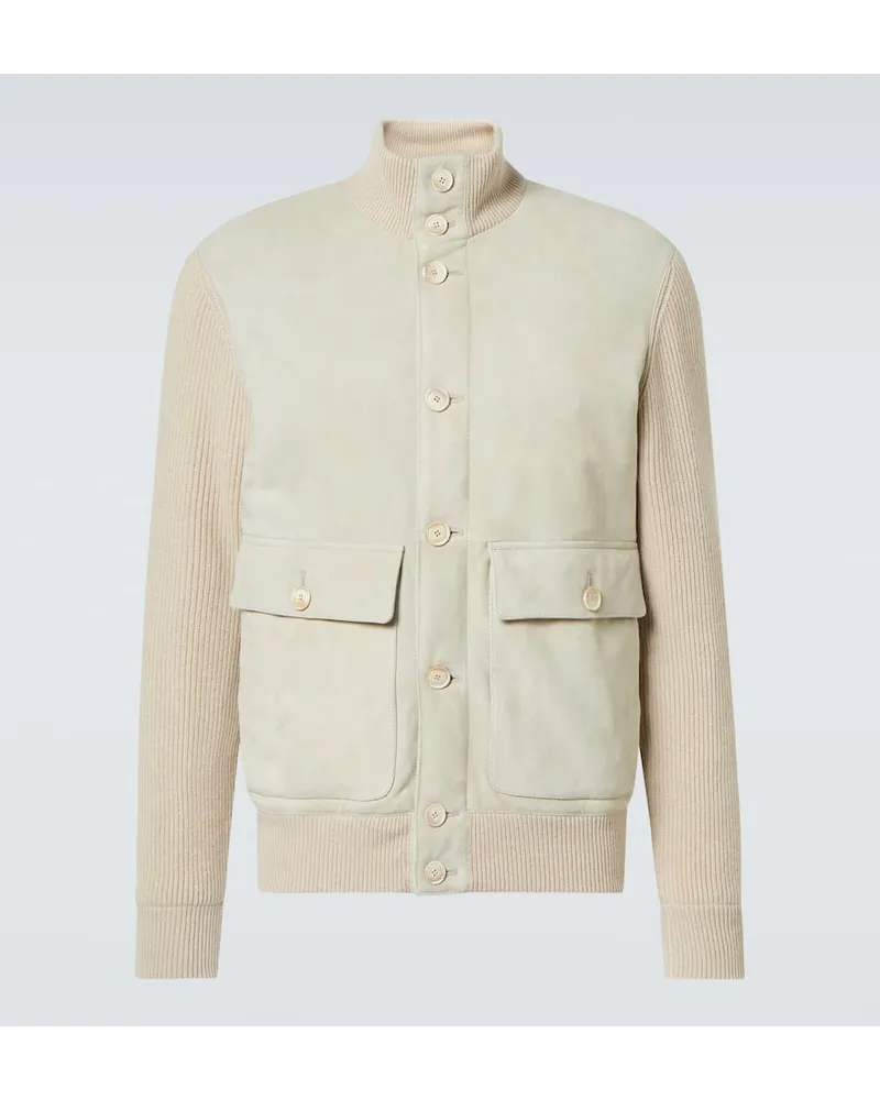 Brunello Cucinelli Jacke aus Veloursleder und Strick Beige