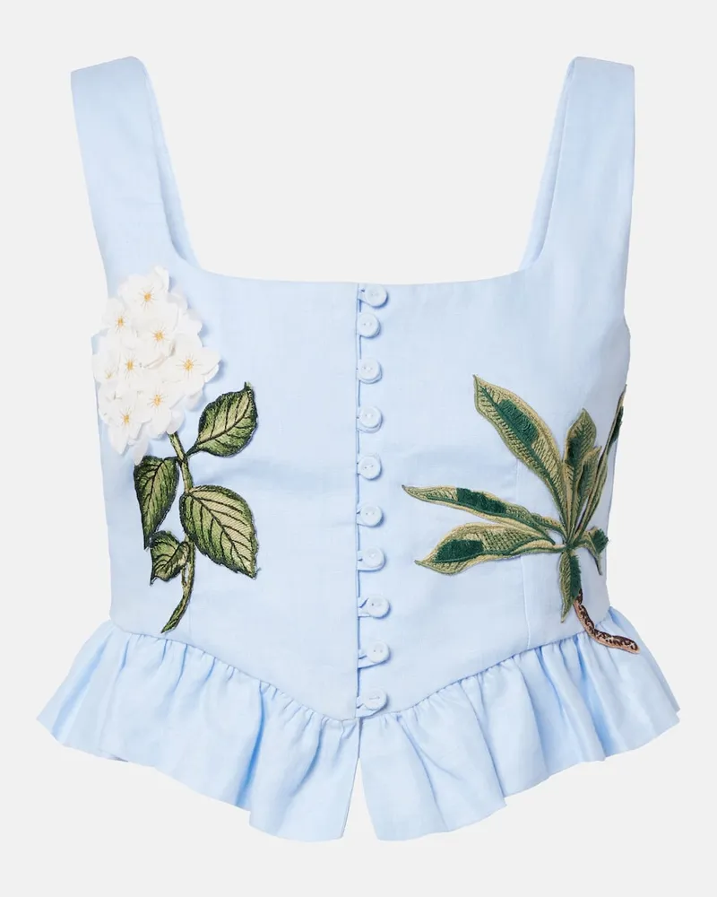 AGUA BENDITA Besticktes Bustier-Top Eslabón aus Leinen Blau