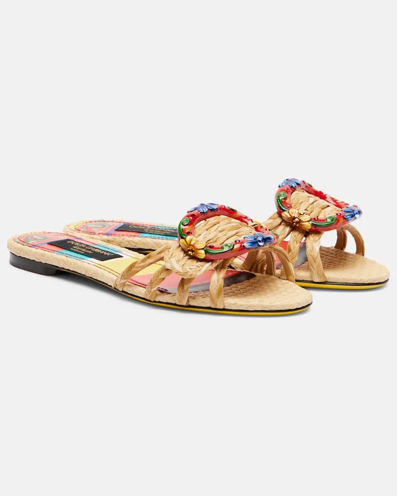 Dolce & Gabbana Verzierte Pantoletten Taormina aus Raffiabast Beige