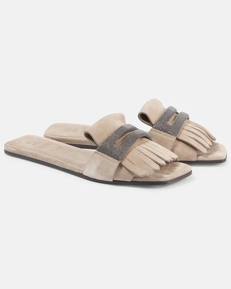 Brunello Cucinelli Pantoletten aus Veloursleder Beige