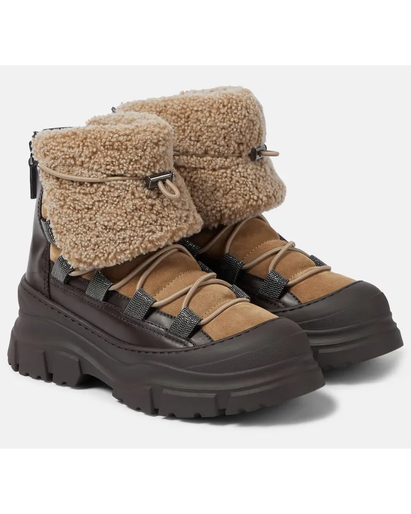 Brunello Cucinelli Schneestiefel aus Veloursleder mit Shearling Multicolor