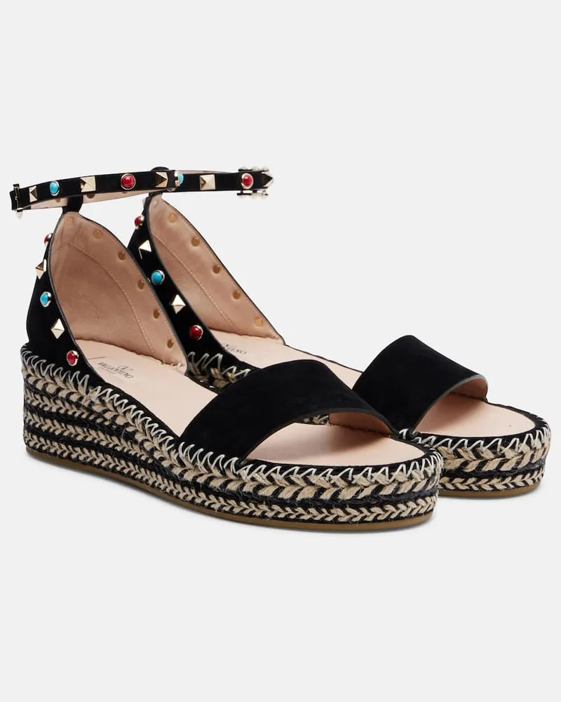 Valentino Garavani Espadrille-Sandalen Rockstud aus Veloursleder Schwarz