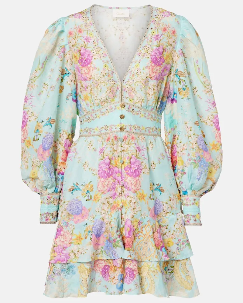 Camilla Verziertes Minikleid aus Leinen und Seide Blau