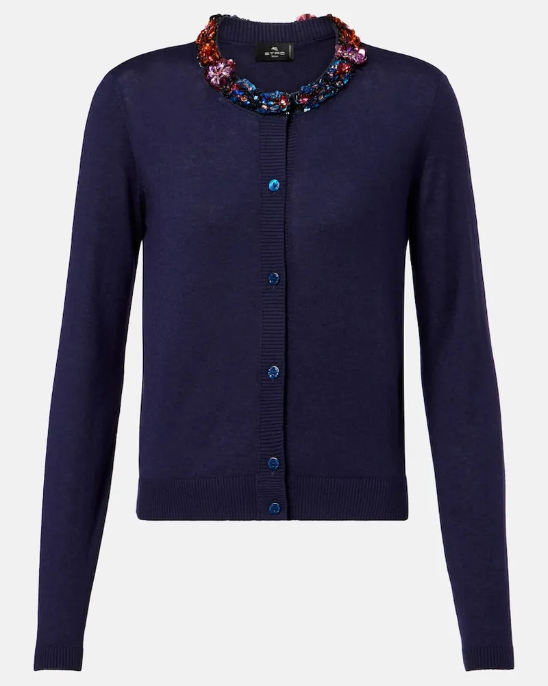 Etro Verzierter Cardigan aus Seide und Kaschmir Blau