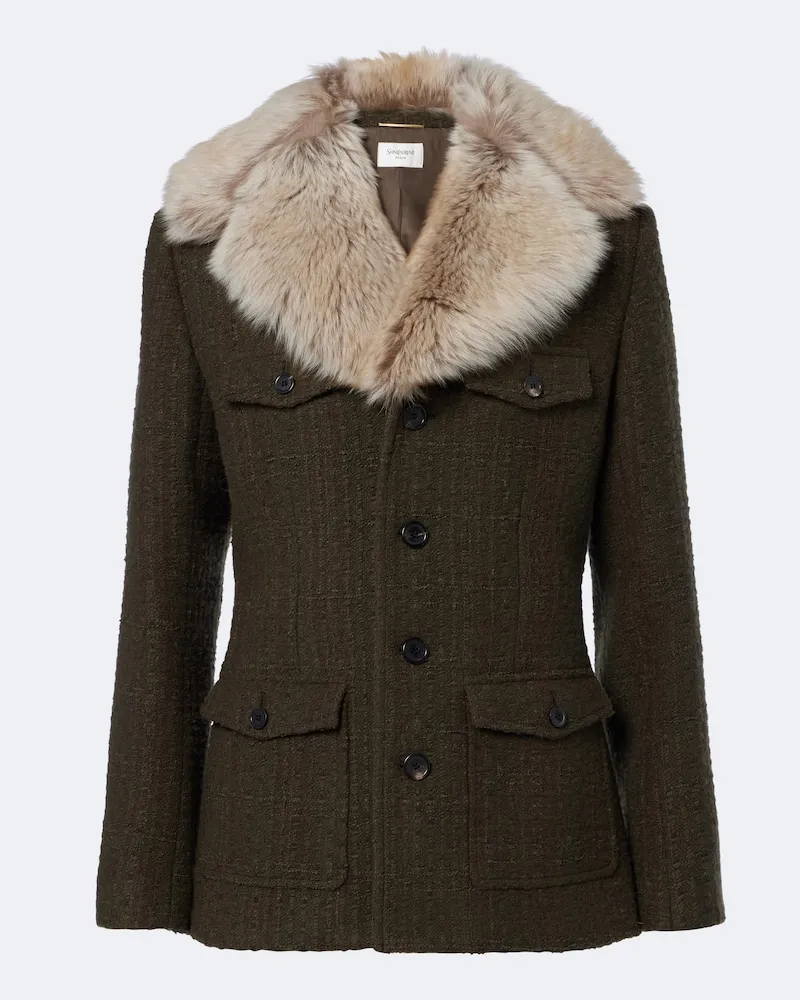 Saint Laurent Jacke aus Tweed mit Shearling Grün