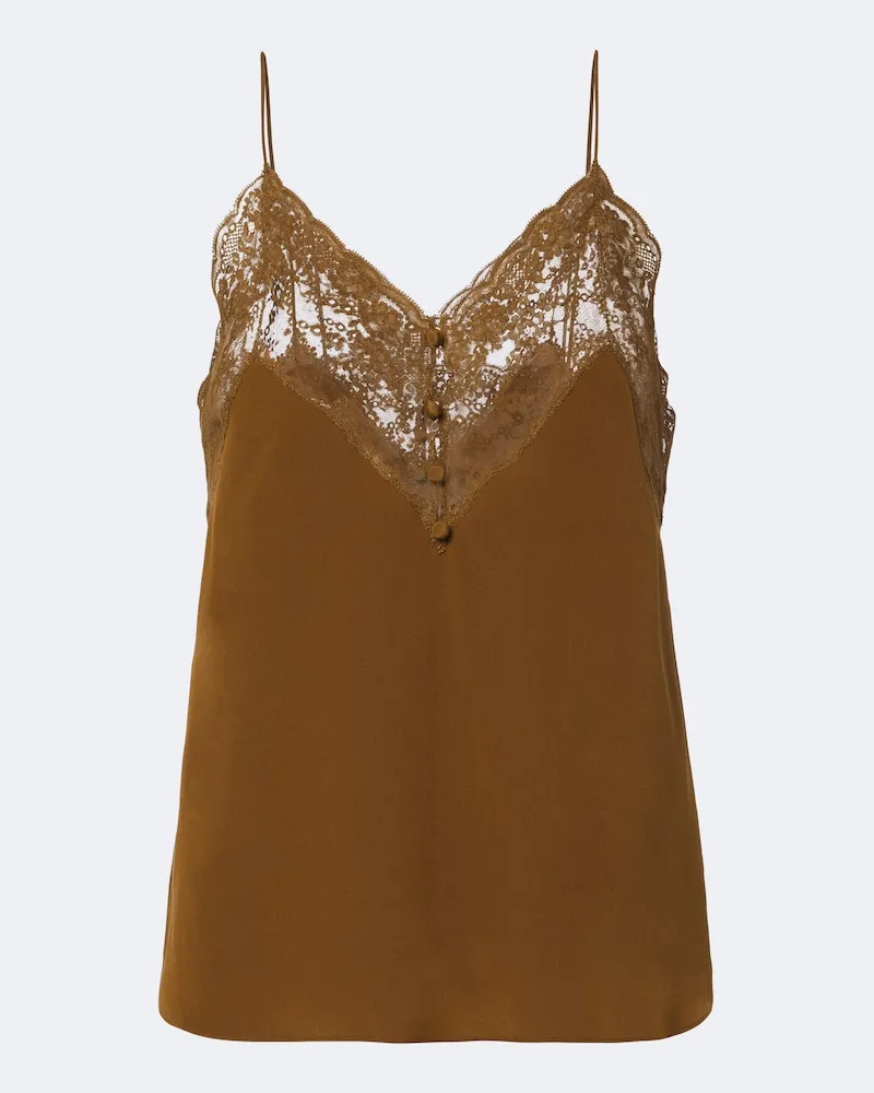 Saint Laurent Top aus Crêpe de Chine aus Seide mit Spitze Braun