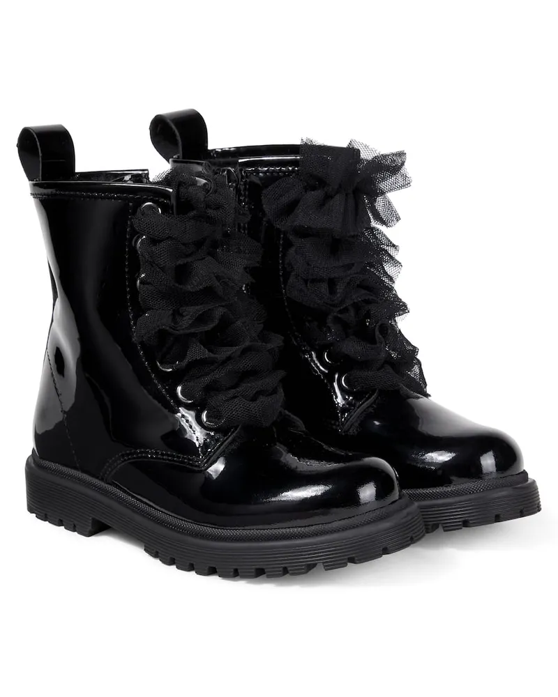 Monnalisa Schnürstiefel aus Lackleder mit Shearling Schwarz