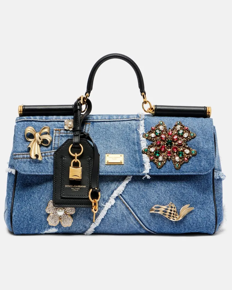Dolce & Gabbana Verzierte Tote Bag Sicily Medium aus Denim Blau