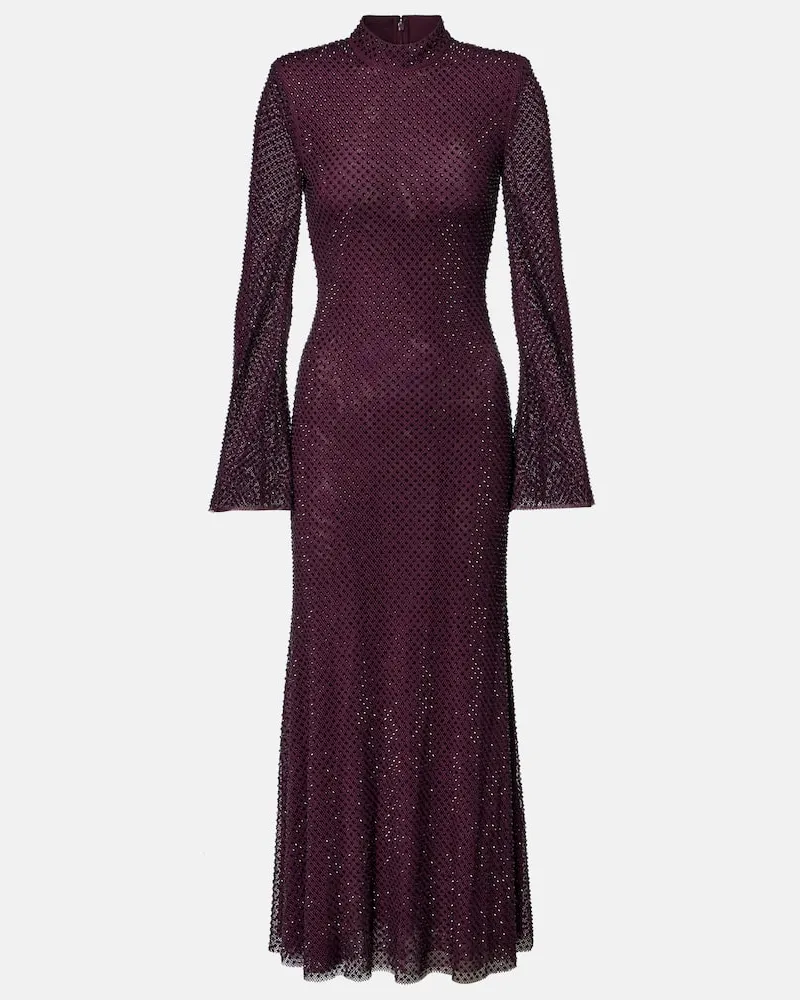 Self-Portrait Maxikleid aus Mesh mit Kristallen Burgunderrot