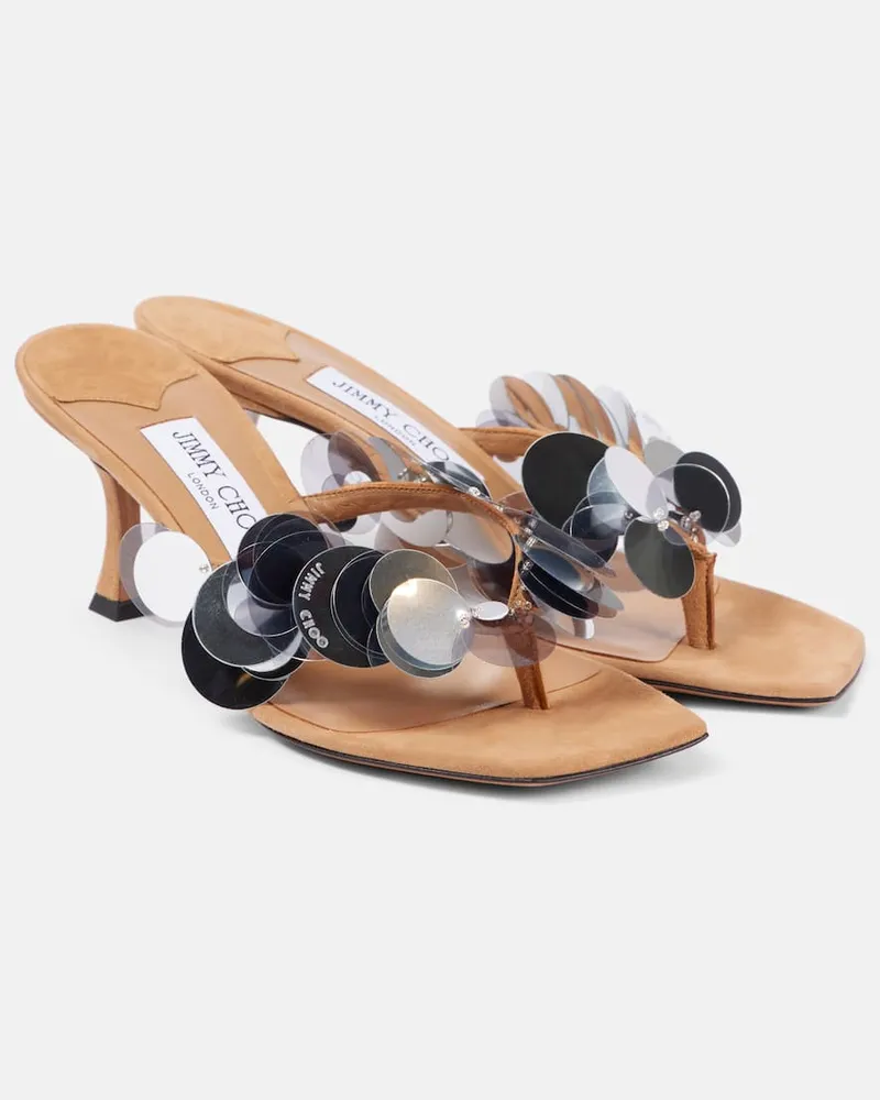 Jimmy Choo Verzierte Sandalen Freja 70 aus Veloursleder Beige