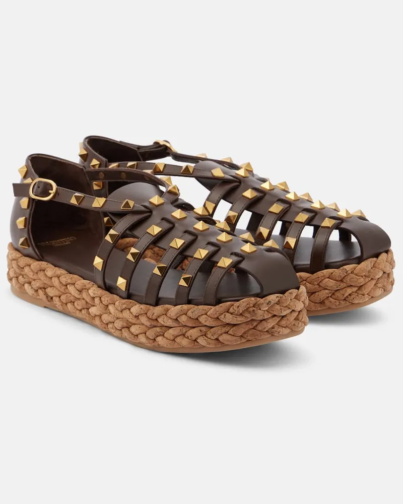 Valentino Garavani Plateausandalen Rockstud Cork aus Leder Braun