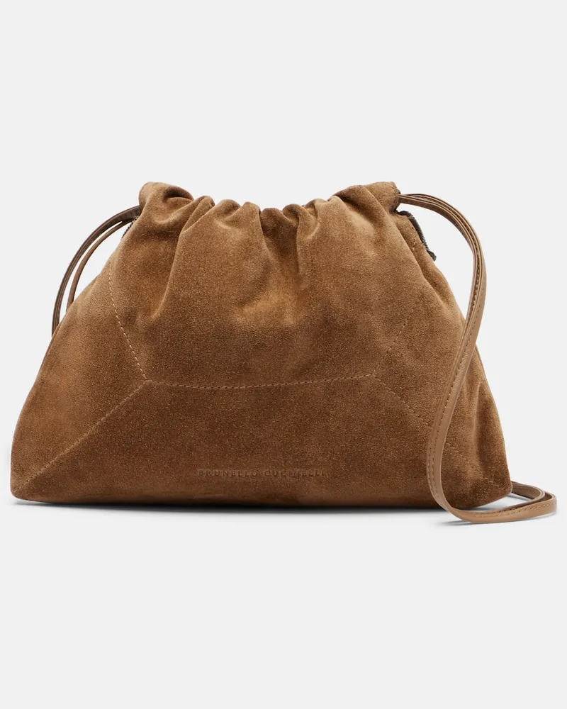 Brunello Cucinelli Schultertasche aus Veloursleder Beige